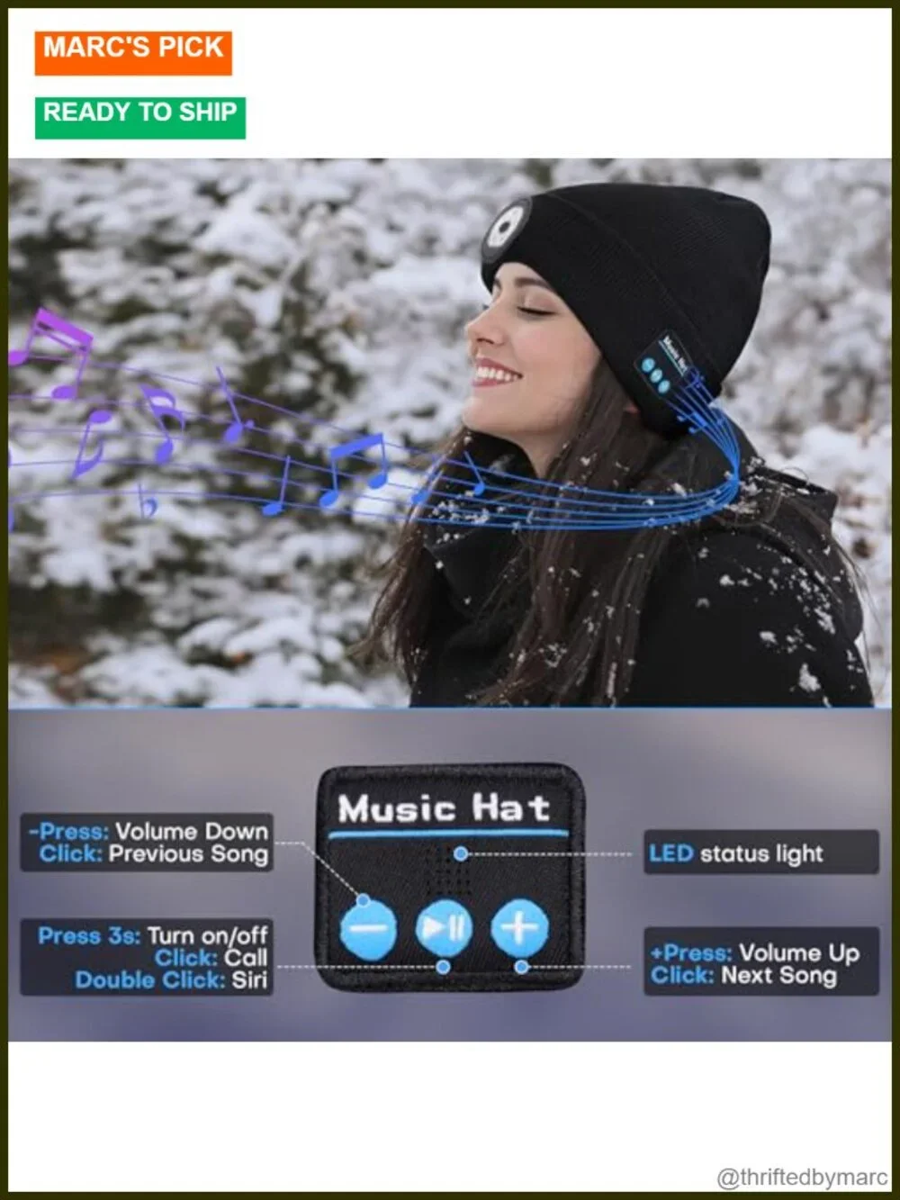 Bluetooth Beanie with LED Light, USB-C Rechargeable, Stereo Speakers & Mic,